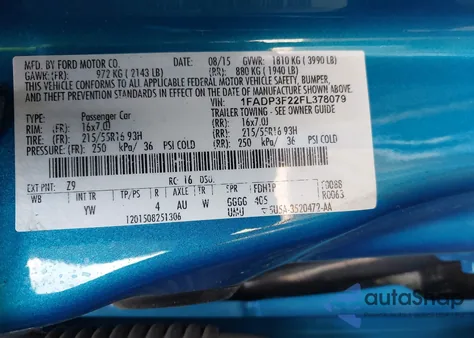 2015 Ford Focus Se z USA, uszkodzony, nr VIN 1FADP3F22FL378079